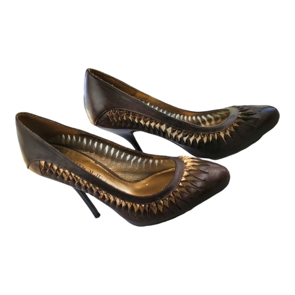 SAM EDELMAN SE Boutique Designs Brown/Gold Round Toe, Leather Pumps/Heels - Picture 3 of 11